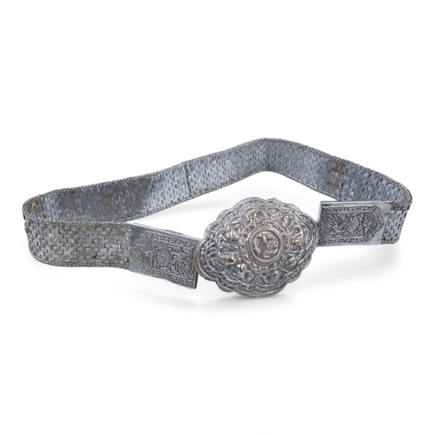 An early 20th century Chinese Straits repoussé white metal belt and buckle, stamped marks, 273g
